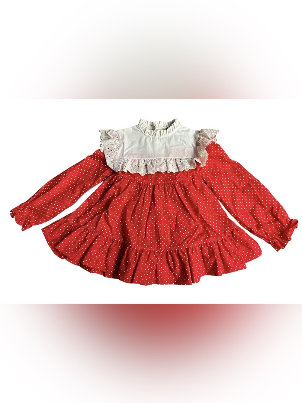 Vintage Girls 4 Jill Lynn Dress Red Polka Dot Prairie Made in USA White Eyelet